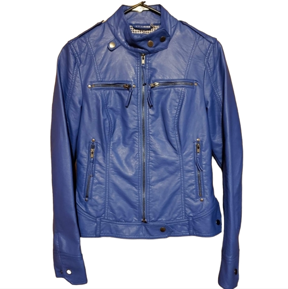 AM Studio by Andrew Marc Blue Faux Leather Jacket Sz XS